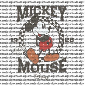 May include: A vintage-style graphic featuring Mickey Mouse in a circular design with a checkered border. The image includes the text "Mickey Mouse" and the year "1928". The background is filled with the repeated text "candesign".