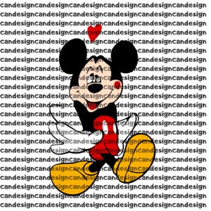 May include: A graphic illustration of a cartoon mouse with large black ears, a cream-colored face, a red tongue, and a red heart above its head. The mouse wears red shorts and yellow shoes. The background consists of repeating text reading candesign.