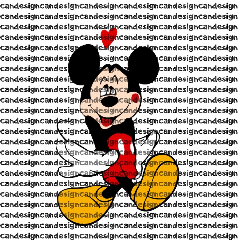 May include: A graphic illustration of a cartoon mouse with large black ears, a cream-colored face, a red tongue, and a red heart above its head. The mouse wears red shorts and yellow shoes. The background consists of repeating text reading candesign.