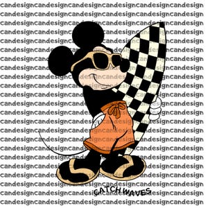 May include: A cartoon illustration of Mickey Mouse wearing sunglasses and orange swim trunks, holding a black and white checkered surfboard. The words "CATCH WAVES" are at the bottom of the image.