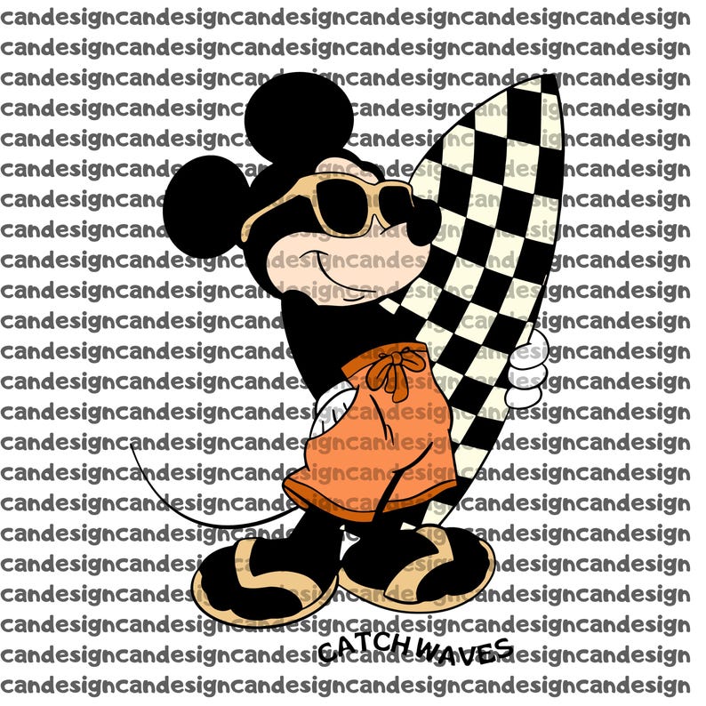 May include: A cartoon illustration of Mickey Mouse wearing sunglasses and orange swim trunks, holding a black and white checkered surfboard. The words "CATCH WAVES" are at the bottom of the image.