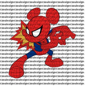 Op de afbeelding: Een cartoon illustratie van een superheld karakter, een mashup van Spider-Man en Mickey Mouse. Het karakter staat in een dynamische pose, met rode en blauwe kleuren, en een burst graphic. De achtergrond heeft de tekst "candesign".