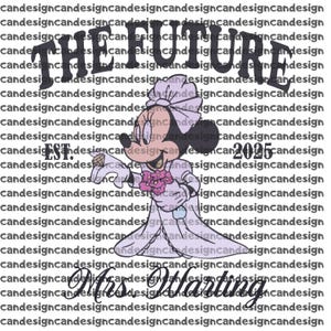 Può includere: Grafica con Minnie Mouse in abito da sposa, con fiori e un anello. Il testo include "THE FUTURE", "EST. 2025" e "Mrs. Harting". Lo sfondo è riempito con la parola "candesign".