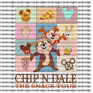 Puede incluir: Gráfico colorido con Chip y Chop y varios snacks como pizza, palomitas de maíz y una manzana caramelizada. El texto "Chip 'N Dale The Snack Tour" está en la parte inferior. El fondo es una cuadrícula de colores pastel.