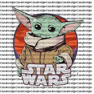 Peut inclure: Illustration numérique de Grogu, également connu sous le nom de Baby Yoda, de Star Wars. Le personnage est représenté avec de grands yeux et oreilles, portant un manteau beige. Le logo Star Wars est en dessous, sur fond blanc.