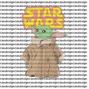 Peut inclure: Illustration de Grogu, également connu sous le nom de Baby Yoda, de Star Wars. L'image présente Grogu dans un manteau beige avec le logo Star Wars en jaune et rose. Le fond est rempli du texte "candesign".