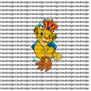 May include: A cartoon lion wearing a crown and a blue cape. The lion is holding a small brown lion cub. The background is filled with the text "candesign" repeated.