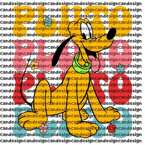 May include: A graphic illustration of the cartoon dog Pluto, colored yellow with a green collar, positioned over a background of repeating text that reads candesign and the word Pluto in large, wavy, multi-colored letters with small flowers.