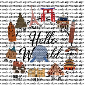 May include: A square design featuring illustrations of famous landmarks from around the world, including the Eiffel Tower, a Japanese Torii gate, and the Leaning Tower of Pisa. The words "Hello World" are prominently displayed.