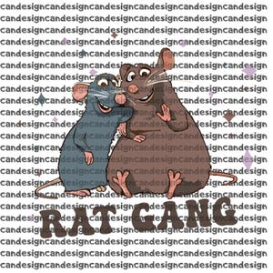 Può includere: Grafica con due topi dei cartoni animati che si abbracciano, con la scritta "RAT GANG" in marrone, con un font stilizzato. Lo sfondo è riempito dalla parola "candesign" ripetuta in grigio chiaro.