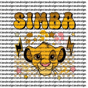 Może przedstawiać: Projekt graficzny przedstawiający słowo SIMBA pogrubionymi żółtymi literami nad stylizowaną ilustracją pyszczka lwiątka. Wzór zawiera żółte błyskawice, małe różowe i żółte gwiazdki oraz tło z plamami farby i wzorem w kratkę.