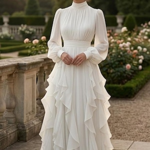 old fashioned high neck dress Amazon.com: Women's Dress a Line Vintage High Neck Evening Puff Long  Sleeves Wedding