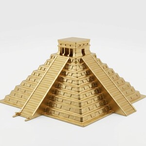 May include: A metallic gold-colored model of a stepped pyramid featuring a square base, multiple tiered levels, and a prominent central staircase leading to a flat-topped temple structure at the summit, all rendered with a smooth, reflective finish.