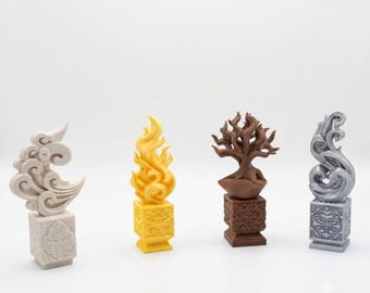 Fantasy Elemental Statues – 3D Printed PLA Sculptures – Fire, Water, Earth, Air Decor