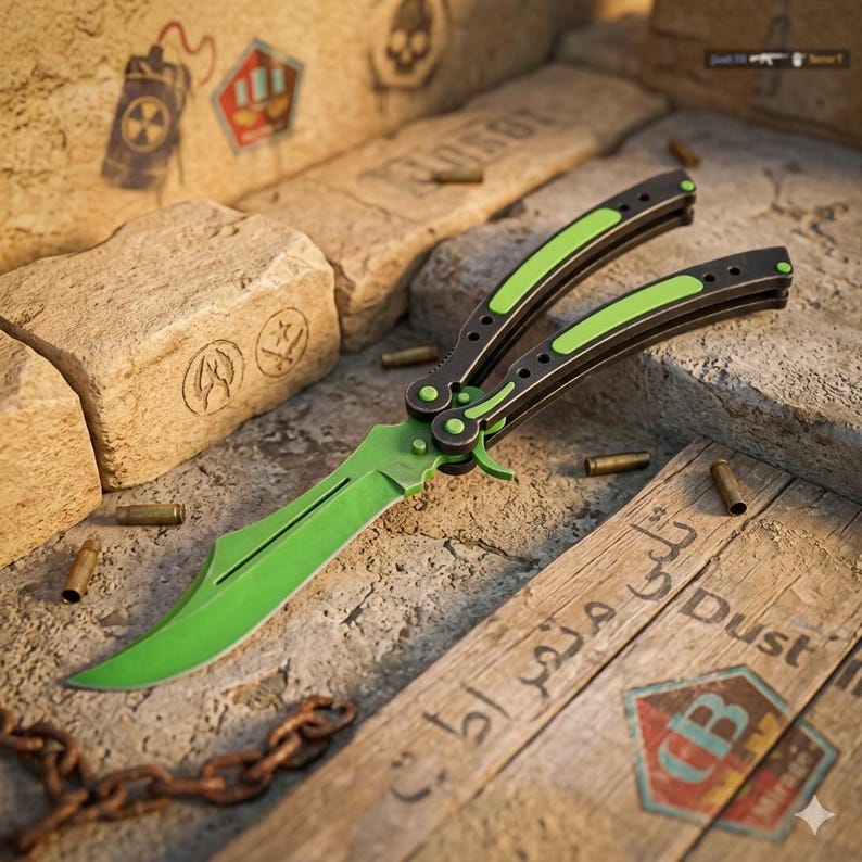 May include: A green and black butterfly knife with a curved blade and a handle with green accents. The knife is lying on a wooden surface with bullet casings scattered around. The blade is a bright green color.