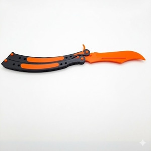 May include: A butterfly knife, featuring a black handle with orange stripes and an orange blade. The handle folds open and closed. The blade is a solid orange colour and has a curved shape.