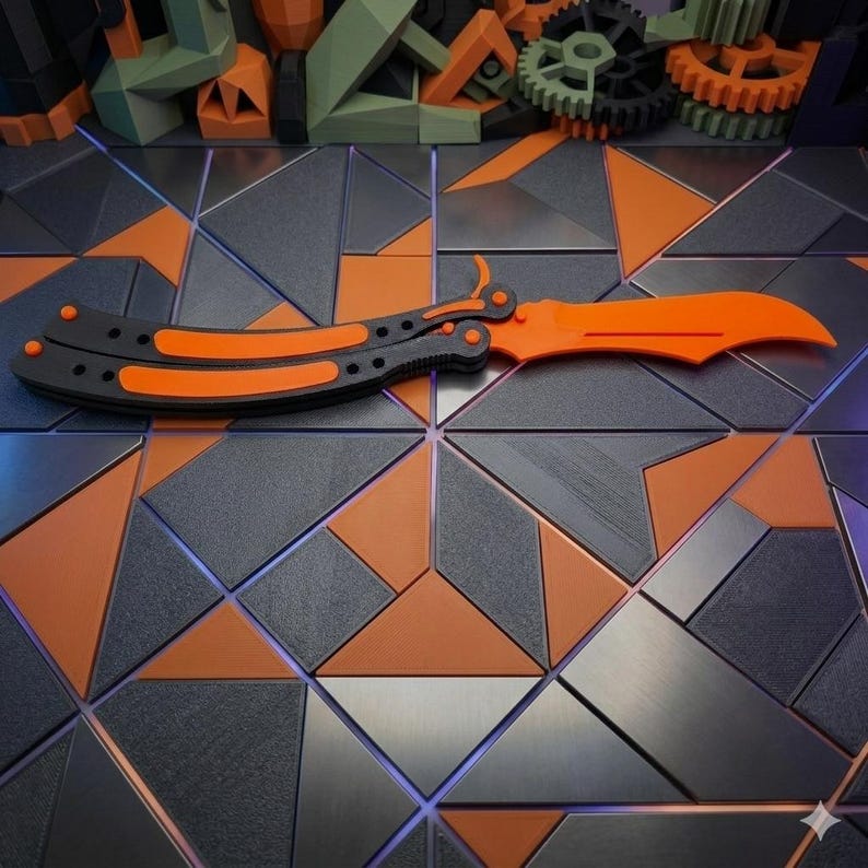 Butterfly Knife Trainer – Safe Balisong Practice Tool – Orange & Black Fidget Toy – Folding Trainer Knife Prop – Gift for EDC Fans image 2