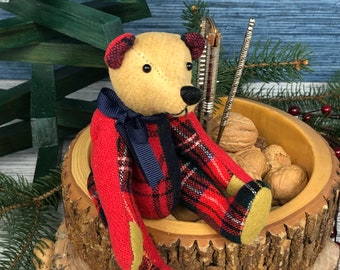 OOAK Teddy Bear Red, Navy, & Green Tartan Wool plaid 7 inch Tom Thumbear