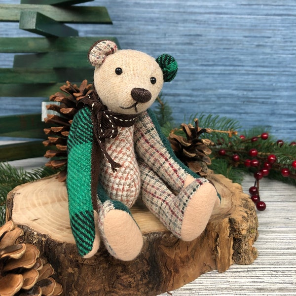 OOAK Teddy Bear Lucky Green, Brown and Cream Wool plaid Tom Thumbear 7"