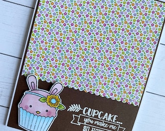 Cute bunny cupcake Easter greeting card - cupcake birthday - kids easter greeting - Hello cupcake card - cupcake you make me  so hoppy