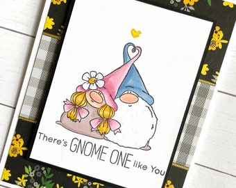 Handmade punny gnome anniversary greeting card - cute gnome couple - hand stamped card - gnome thank you card - from both of us - friendship