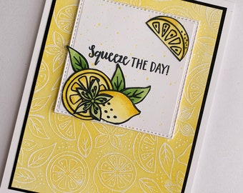Handmade lemon themed card - squeeze the day card - heat embossed lemon card - yellow and white lemon notecard - fruity card -