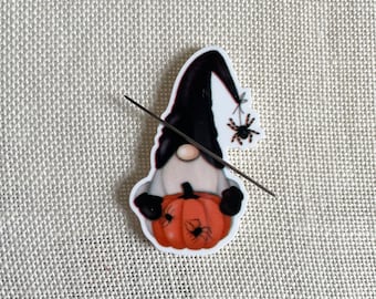 Halloween gnome resin needle minder for cross stitch, embroidery or quilting, strong magnetic needle holder, gnome holding pumpkin holder