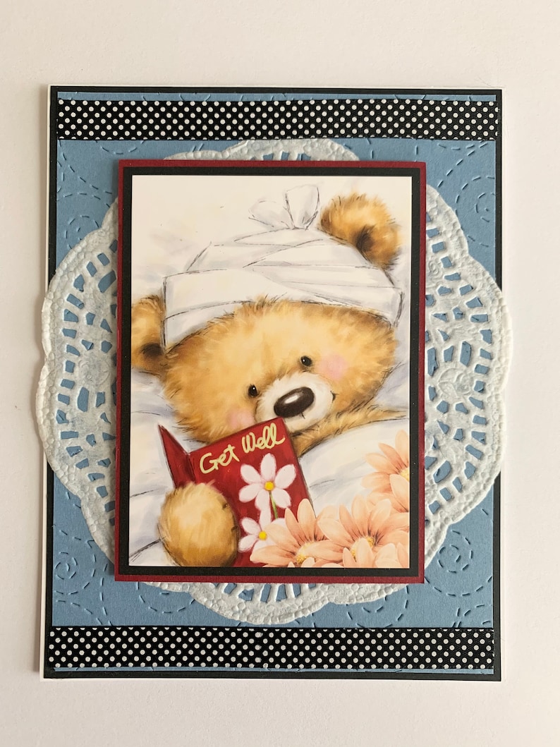 Get Well Soon Greeting Card With Cute Teddy Bear, Handmade Blank Feel ...