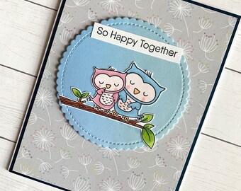 Handmade cute owl couple greeting card - cute owl anniversary card - handstamped engagement card -  valentine card - so happy together card