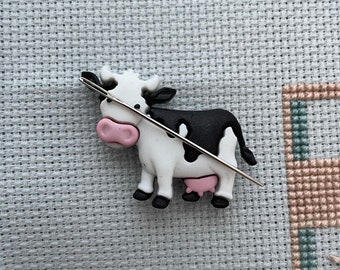 cute cow needle minder for cross stitch, embroidery or quilting, strong magnetic needle holder, black and white cow needle keeper,