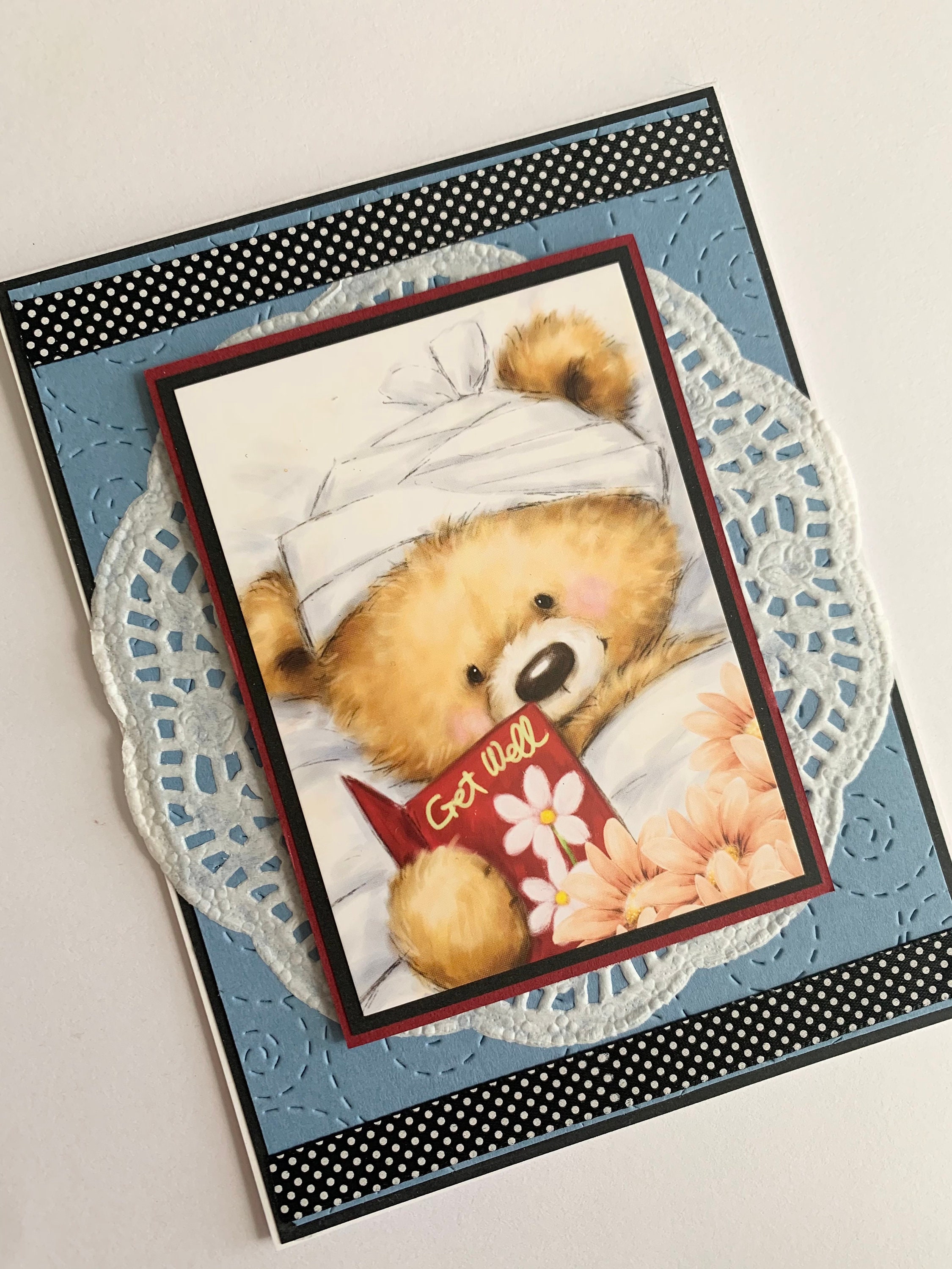Get well soon greeting card with cute teddy bear, handmade blank feel ...