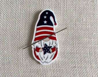 Patriotic gnome resin needle minder for cross stitch, embroidery or quilting, magnetic needle holder, Independence Day, red white  and blue