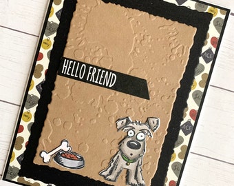 Cute handmade dog card - dog lover card - hand stamped card with funny puppy - dog friendship card - emobossed puppy card - hello friend