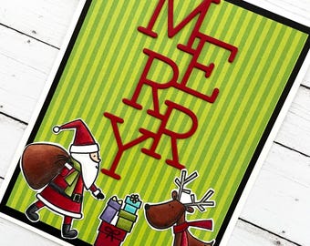 May include: A Christmas card with a green and white striped background. The word "Merry" is spelled out in red letters. A cartoon Santa Claus is carrying a bag of gifts and a reindeer is standing next to a stack of presents.