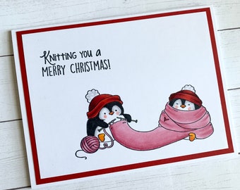 Handmade penguin Christmas card - Knitting you a merry christmas  - cute knitting penguins Christmas card - penguin knitting scarf card