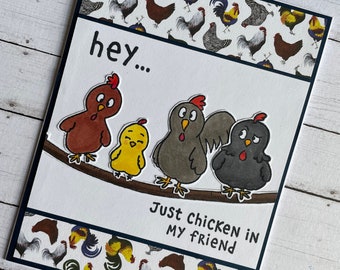 Cute handmade chicken card - punny friendship card - hand stamped card with cute chickens - chicken friends group  - punny chickens