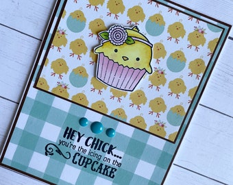 Cute easter chick cupcake greeting card - cupcake birthday - kids easter greeting - Hey chick - kids easter - baby chick birthday - baker