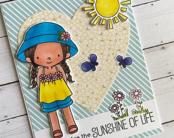 Handmade friendship card - sunshine friendship greeting card - cute girl friendship card - handcolored greeting card - handstamp card