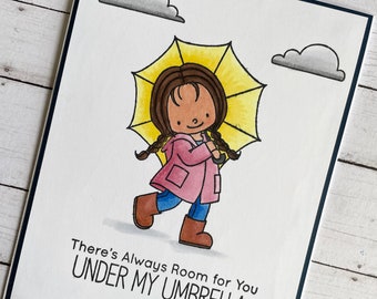 Handmade greeting card - cute little girl card - rainy day card  - girl and umbrella card - spring note card - rainy birthday card