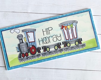 Handmade slimline steam train greeting card, Hip Hooray, train birthday, cute train with cars, colorful train greeting card, boy birthday
