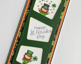 Cute St. Patricks Day slimline card - Happy St. Patricks Day greeting card - hand stamped and colored leprechaun slimline card