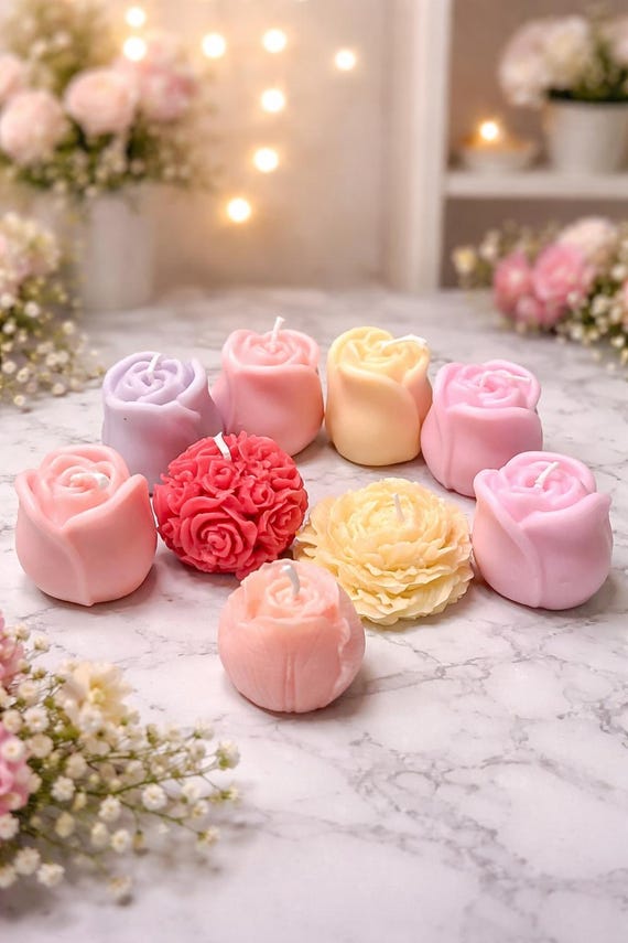 Set of 10 Rose and Peony Soy Wax Candles, Floral Home Decor