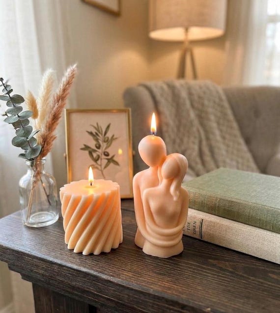 Sculpted Couple Candle & Twisted Pillar Candle Set, Natural Soy Wax Home Decor
