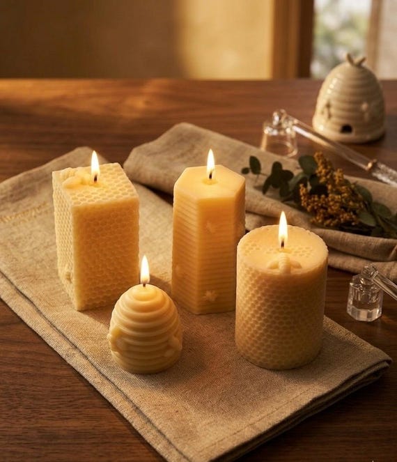 Set of 4 Natural Soy Wax Candles – Honeycomb, Hexagon, Beehive Designs