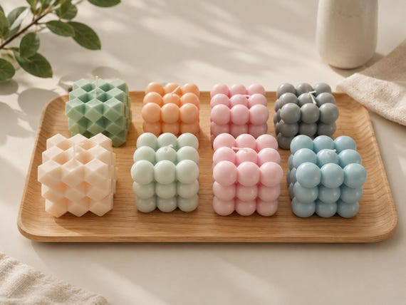 Set of 8 Handmade Soy Wax Bubble Candles – Pastel Geometric Decor