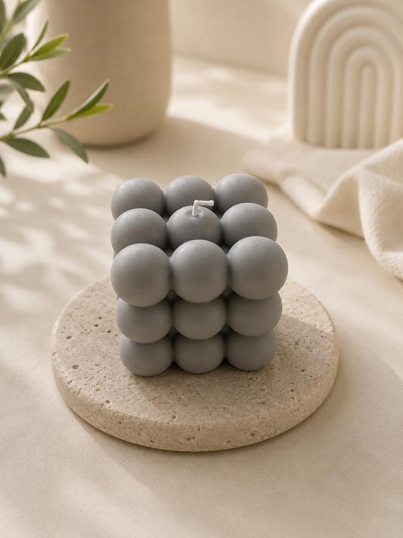 Handmade Bubble Cube Candle – Grey Soy Wax Minimalist Decor