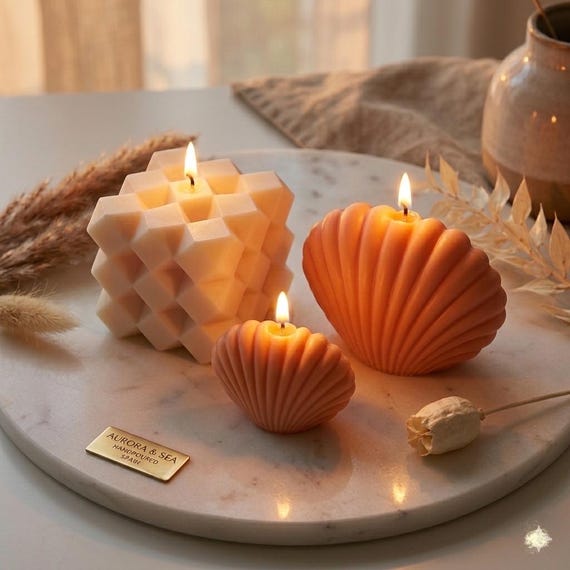 Luxury Soy Wax Candle Set – Geometric Cube & Seashell Candles – Handmade Natural Decor Gift