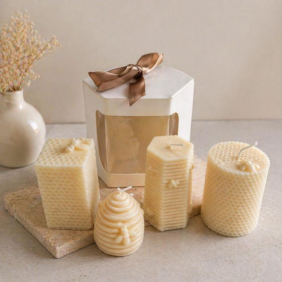 Soy Wax Candle Set – Honeycomb Beeswax Style, Gift Box, Neutral Home Decor