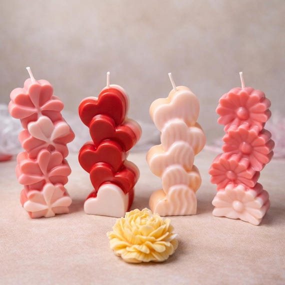 Set of 5 Heart & Floral Pillar Candles, Romantic Soy Wax Decor