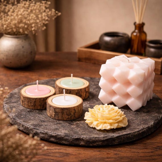 Soy Wax Candle Set, Wooden Tealights, Geometric Cube, Floral Accent, Cozy Decor
